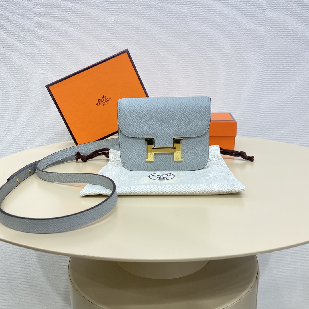 Hermes Constance Slim Wallet Belt Bag In Blue Lin Epsom Leather